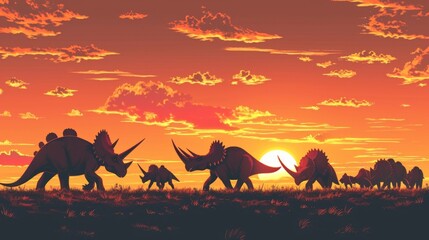 A herd of Triceratops their distinctive horns and frilled necks creating a stunning silhouette against the flamecolored sky. - obrazy, fototapety, plakaty