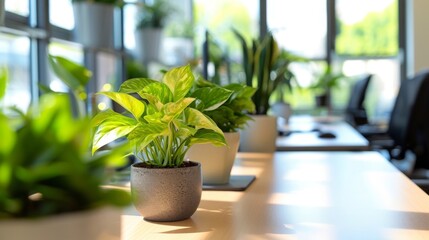 Fototapeta na wymiar Each employee enjoys a personal desk plant carefully chosen to purify the air and promote a sense of calmness.