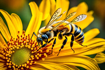 Honey bee collects pollen from a vibrant yellow flower.