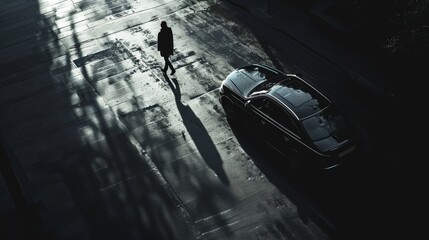 The alluring contrast of light and darkness as a solitary figure walks under a streetlight casting long shadows on the pavement.