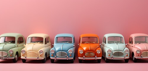 **A delightful arrangement of toy cars in a traffic-inspired pattern, forming an interesting visual on a pastel pink backdrop