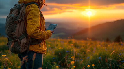  Explorer with a solar charger standing in a mountain meadow at sunrise, embracing sustainable living while adventuring.