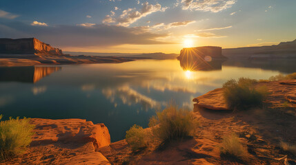 sunlight reflects off the serene waters of Arizona's Lake Powell, creating a picturesque desert oasis.