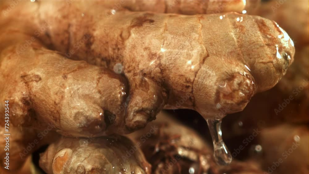 Wall mural drops of water fall on fresh ginger. filmed on a high-speed camera at 1000 fps. high quality fullhd 