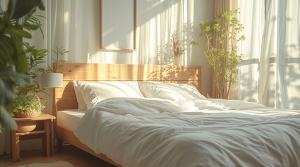 Sunlit bedroom with a sustainable wooden bed and fresh plants, creating an eco-friendly, serene sleeping environment.