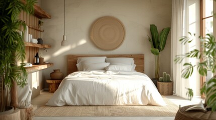 Bedroom with eco-conscious design, featuring natural materials and green plants, promoting a sustainable and restful atmosphere.