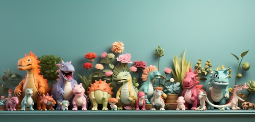 **A high-definition image capturing the vibrant colors of toy dinosaurs, strategically placed on a pastel green background with room for accompanying text