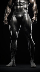 Fototapeta na wymiar A male athlete's muscular body is captured in a standing pose, embodying strength and fitness against a black backdrop.