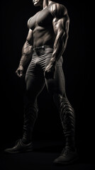 Fototapeta na wymiar Muscular male bodybuilder stands, his physique highlighted by dramatic contrast, exuding strength and power.