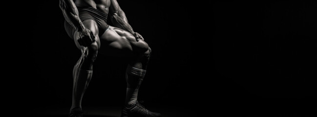 Fototapeta na wymiar Athletic male in a crouched position, with muscles tensed, preparing for dynamic movement in a dark environment.