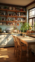 Fototapeta na wymiar interior of modern rustic kitchen with wooden furniture and kitchenware