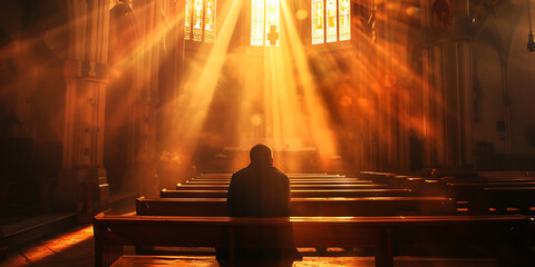 Desperate man in church with light from God, light of hope, hope and prayer concept