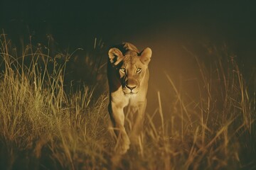 Lioness walking in the grass