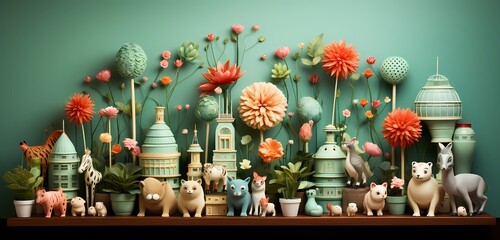 **A joyful display of toy animals in a zoo-inspired layout, forming an interesting visual on a pastel green surface