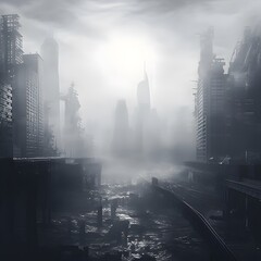 Foggy cityscape with skyscrapers. 3d rendering