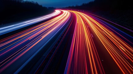 The continuous flow of traffic on the highway captured in a long exposure shot transforming the roads into a canvas of vibrant light streaks.