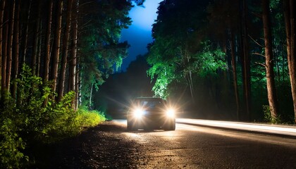 Obraz premium Night Odyssey: Carving Through the Enchanted Forest Under the Moonlit Headlights