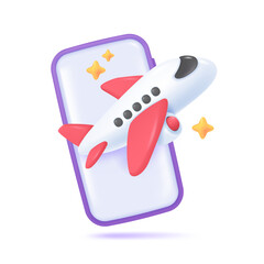 3D airplane flying from mobile phone Airline ticket booking ideas for vacation travel. 3D vector Illustration.