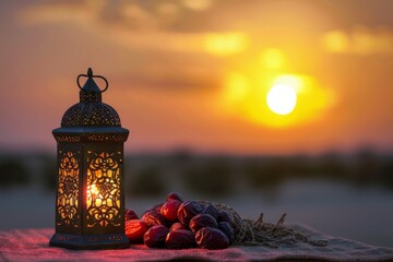 moment during sunset with lantern and dates - obrazy, fototapety, plakaty