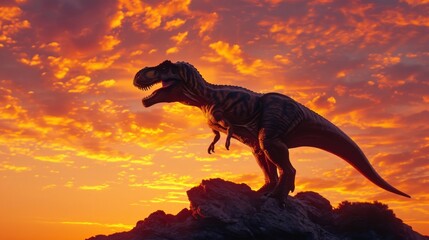 The majestic Tyrannosaurus Rex stands tall on a rocky outcrop its powerful silhouette framed by the vibrant colors of the sunset sky.