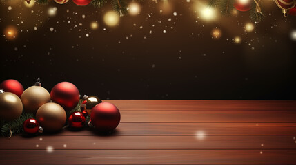 Naklejka premium Christmas background with copy space area. Christmas background with wooden texture and Christmas ornaments.