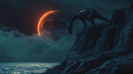 A lone dinonicus stands at the edge of a cliff its eyes fixed on the moon as it slowly disappears behind the earths shadow during a lunar eclipse leaving the land in darkness. - obrazy, fototapety, plakaty