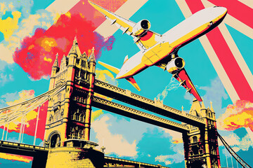 Tower Bridge in London and plane illustration pop art cartoon postcard colorful, travel United Kingdom England Europe