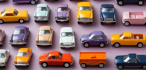 **A top-down view of various toy cars neatly organized, surrounded by open space for creative text placement, set against a soft lavender backdrop