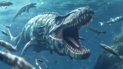 A fierce Mosasaurus with jagged teeth and powerful flippers chasing after a school of small fish for its next meal. - obrazy, fototapety, plakaty