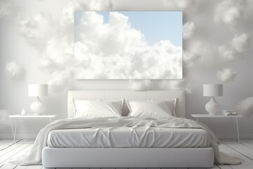 In the all-white bedroom, an enchanting touch is added with imaginary fluffy clouds seemingly floating around, creating a dreamlike and serene atmosphere.