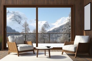 Amidst the serene living room of the resort, plush armchairs invite relaxation while large windows showcase a mesmerizing winter mountain view adorned with snow.