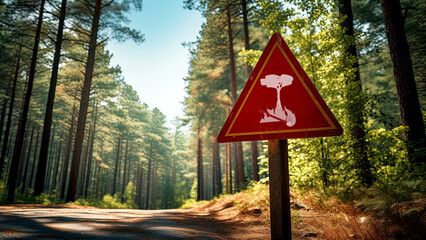 Preventive forest fire sign at the entrance of a pine forest - Global Warming