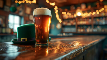 St. Patrick's Day Beer Celebration.
Pint of amber beer beside a green leprechaun hat on a pub table. - obrazy, fototapety, plakaty