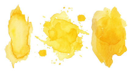 Naklejka premium Yellow watercolor blots of various shapes on a white background.