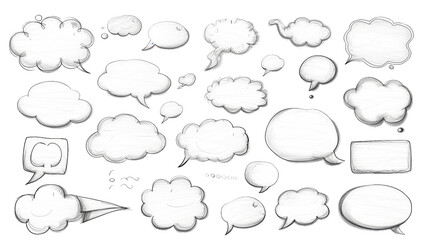 Fototapeta premium Pencil-drawn doodle speech bubbles of different shapes on a white background.