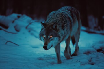 Gray wolf in the forest at night. Selective focus. Toned.