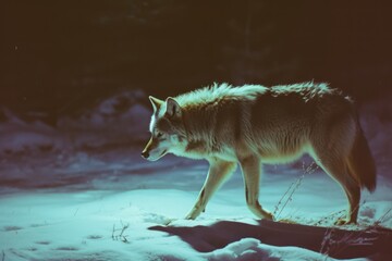 Wild wolf in the winter forest. Filtered image processed vintage effect.