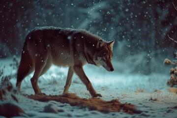 Wild wolf in the snowy forest during a snowfall. Toned.