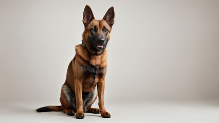 Obraz premium Perro pastor belga malinois, sentado, sobre fondo blanco