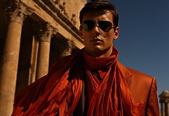 Man Wearing Sunglasses and Red Scarf