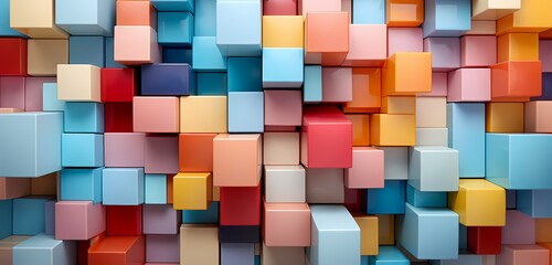 **An artistic display of toy building blocks forming a colorful mosaic, captured from above on a pastel blue surface