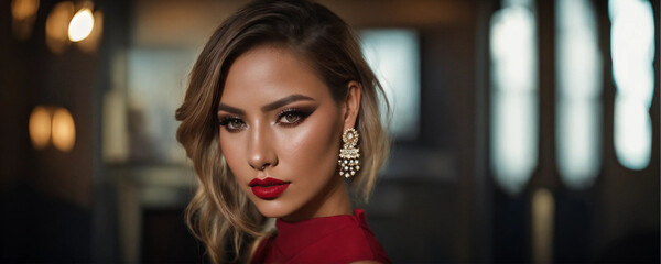 Fototapeta premium The girl has bright shiny makeup. Selective focus. Generative AI,