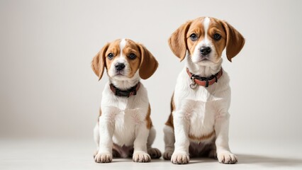 Par de cachorros beagle, sentados, sobre fondo blanco - obrazy, fototapety, plakaty
