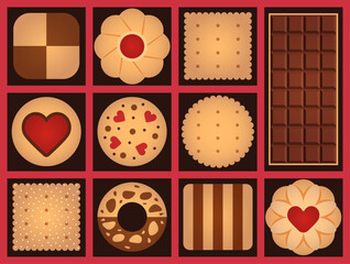 Valentine's Day cookie set and dark chocolate vector illustration. sweet chocolate, cream, strawberry cookies, vanilla, and biscuits. delicious dessert, yummy, Valentine's gift. present for lover.