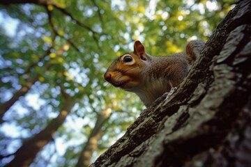 Obraz premium Squirrel in the forest on a tree. Closeup photo.