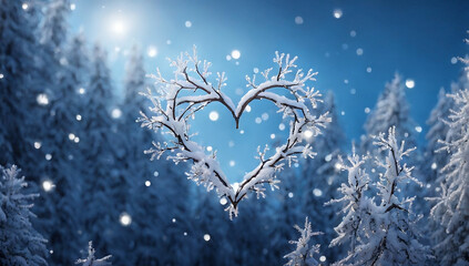Heart shape made by branches and leaves, winter background.