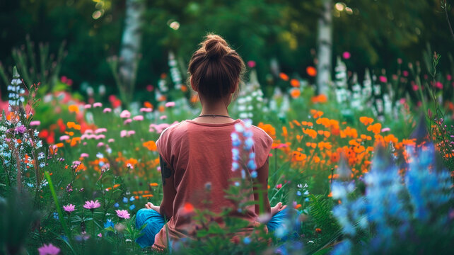 Girl meditating in a garden among flowers. self-knowledge and reboot. mental health and mental clarity. Generative AI