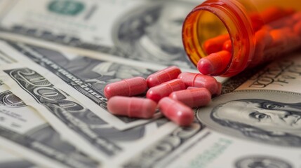 Pills and capsules on a background of money. Big Pharma illustration. Pharmaceutical industry - obrazy, fototapety, plakaty