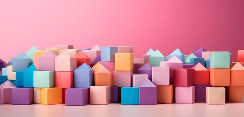 **Colorful toy blocks arranged neatly with space for text, isolated on a soft pink background