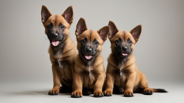 Tres cachorros pastor belga malinois, sentados, sobre fondo blanco